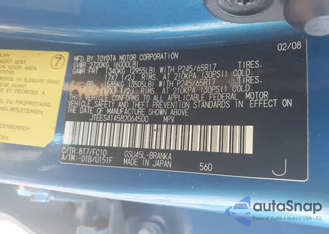 2008 Toyota Highlander from USA, damaged, VIN JTEES41A582064500